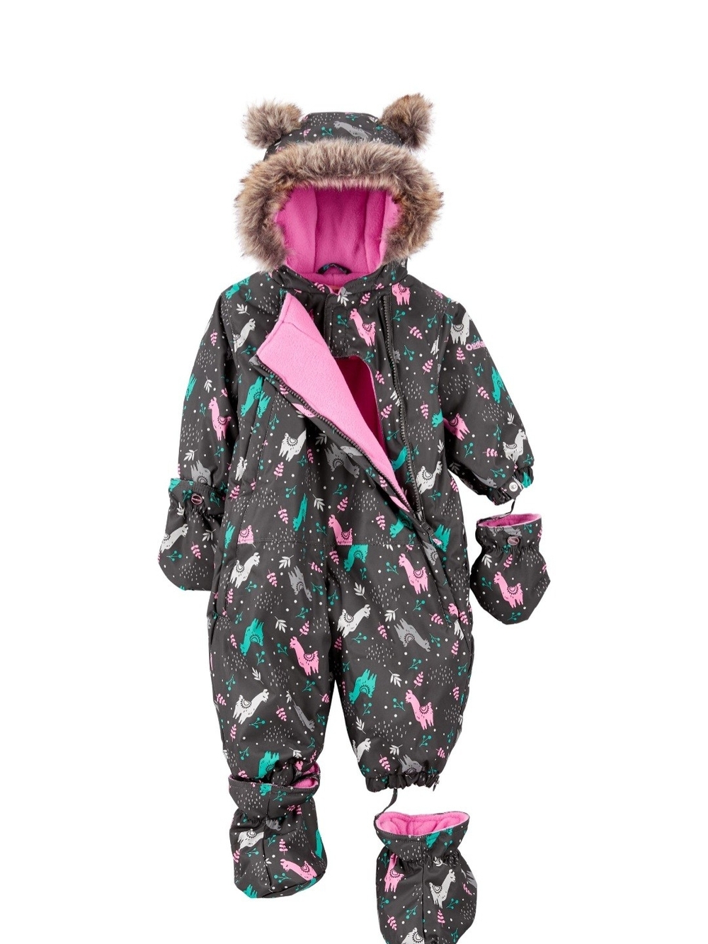 OshKosh B'gosh Dark Gray Llama Print Snowsuit with Pink Lining